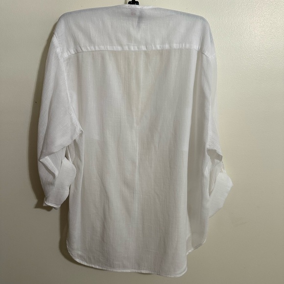 5148 Semi-Sheer White Crinkled Cotton Top With Roll-Up Button Tab Sleeves Size M - Picture 2 of 6